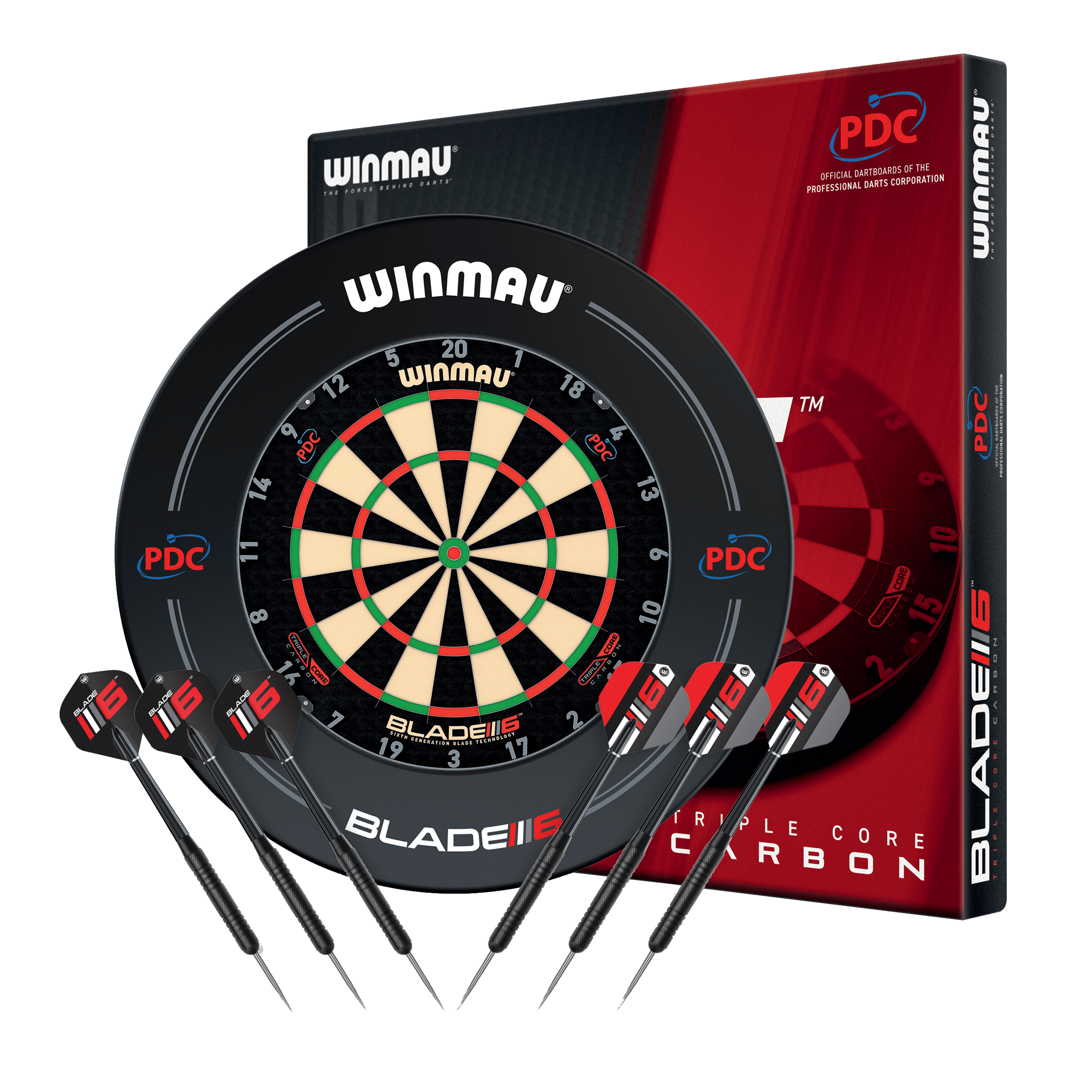 Das Bild zeigt das Winmau Blade 6 Triple Core Set mit PDC Surround und zwei Sets Darts. Dieses Dart-Set eignet sich ideal für Einsteiger und Fortgeschrittene.